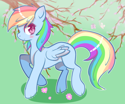 Size: 6000x5000 | Tagged: safe, artist:tuxisthename, imported from derpibooru, rainbow dash, butterfly, pegasus, pony, blushing, colored pupils, cute, dashabetes, female, flower, mare, missing cutie mark, profile, solo