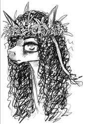 Size: 582x826 | Tagged: safe, artist:systemf4ilure, imported from derpibooru, oc, oc only, oc:carmine c. cerise, pony, unicorn, bust, female, floral head wreath, flower, mare, monochrome, portrait, solo, traditional art