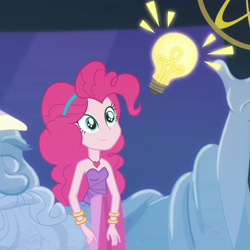 Size: 908x908 | Tagged: safe, imported from derpibooru, screencap, pinkie pie, star swirl the bearded, equestria girls, equestria girls series, twilight under the stars, spoiler:eqg series (season 2), bare shoulders, cropped, light bulb, lightbulb, sleeveless, strapless