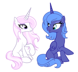 Size: 1541x1421 | Tagged: safe, artist:quartziie, artist:wilt, derpibooru exclusive, imported from derpibooru, fleur-de-lis, princess luna, alicorn, pony, unicorn, alternate hairstyle, base used, missing cutie mark, s1 luna, simple background, white background