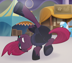 Size: 670x591 | Tagged: safe, imported from derpibooru, screencap, tempest shadow, earth pony, pony, unicorn, my little pony: the movie, acrobatics, background pony, broken horn, cropped, eye scar, female, horn, kicking, mare, scar, solo focus, underhoof, unnamed character, unnamed pony