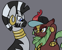 Size: 575x466 | Tagged: safe, artist:lockhe4rt, imported from derpibooru, cinder glow, summer flare, zecora, kirin, zebra, background kirin, cap, cloven hooves, confused, eye contact, female, frown, gray background, hat, lidded eyes, looking at each other, mare, quadrupedal, simple background, smiling