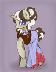 Size: 600x776 | Tagged: safe, artist:laceymod, imported from derpibooru, oc, oc only, oc:lovelace, pony, unicorn, ask lovelace, blushing, clothes, dress, female, mare, solo