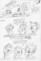 Size: 1671x2482 | Tagged: safe, artist:dilarus, deleted from derpibooru, imported from derpibooru, applejack, rainbow dash, twilight sparkle, alicorn, earth pony, pegasus, pony, ..., agricola, board game, comic, dialogue, dork, hat, heart, monochrome, rainbow dash is best facemaker, simple background, slice of life, traditional art, twilight sparkle (alicorn), white background