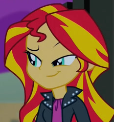 Size: 619x664 | Tagged: safe, imported from derpibooru, sunset shimmer, equestria girls, rainbow rocks, clothes, female, jacket, lidded eyes, smiling
