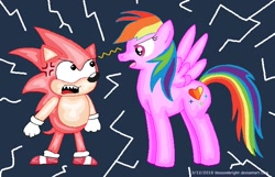 Size: 656x423 | Tagged: safe, artist:blossombright, imported from derpibooru, rainbow dash, oc, unnamed oc, crossover, recolor, sonic the hedgehog, sonic the hedgehog (series)