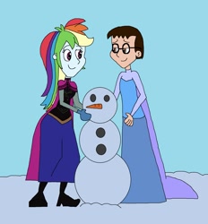 Size: 1729x1865 | Tagged: safe, artist:hunterxcolleen, imported from derpibooru, rainbow dash, oc, oc:stewart gary, human, equestria girls, anna, anna (frozen), carrot, clothes, cosplay, costume, crossdressing, elsa, food, frozen (movie), implied incest, snow, snowman, why