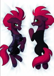 Size: 685x960 | Tagged: artist needed, safe, imported from derpibooru, tempest shadow, pony, armor, blushing, body pillow, body pillow design, broken horn, butt, eye scar, female, gritted teeth, hoof shoes, horn, lying down, mare, missing accessory, plot, scar, solo, underhoof