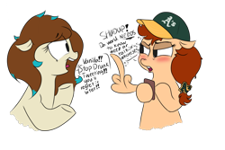 Size: 900x600 | Tagged: safe, artist:ponetistic, imported from derpibooru, oc, oc only, oc:amora bunny, oc:vanilla creame, pegasus, pony, angry, baseball cap, cap, concerned, drunk, female, flipping off, floppy ears, hat, looking at each other, mare, middle feather, middle finger, oakland athletics, phone, shipping, simple background, transparent background, vulgar, wing gesture, wing hands, wings