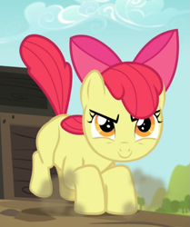 Size: 701x840 | Tagged: safe, imported from derpibooru, screencap, apple bloom, earth pony, pony, brotherhooves social, bow, cropped, determined, female, filly, hair bow, landing, smiling, solo