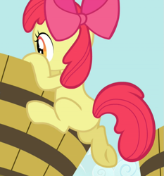 Size: 799x858 | Tagged: safe, imported from derpibooru, screencap, apple bloom, earth pony, pony, brotherhooves social, bow, climbing, cropped, female, filly, hair bow, rear view, solo, underhoof