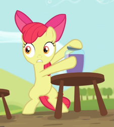 Size: 589x651 | Tagged: safe, imported from derpibooru, screencap, apple bloom, earth pony, pony, brotherhooves social, bipedal, bow, cropped, female, filly, grape juice, hair bow, holding, jar, juice, solo, stool