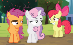 Size: 1526x939 | Tagged: safe, imported from derpibooru, screencap, apple bloom, scootaloo, sweetie belle, earth pony, pegasus, pony, unicorn, brotherhooves social, awkward smile, bow, cropped, cutie mark crusaders, female, filly, hair bow, lidded eyes, looking at each other, scootaloo is not amused, smiling, sweetie belle is not amused, trio, unamused