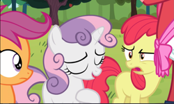 Size: 1371x823 | Tagged: safe, imported from derpibooru, screencap, apple bloom, scootaloo, sweetie belle, earth pony, pegasus, pony, unicorn, brotherhooves social, confused, cropped, cutie mark crusaders, eyes closed, female, filly, offscreen character, open mouth, proud, shocked, trio focus