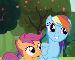 Size: 911x727 | Tagged: safe, imported from derpibooru, screencap, rainbow dash, scootaloo, pegasus, pony, brotherhooves social, cropped, cute, dashabetes, duo, female, filly, mare, smiling