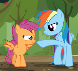 Size: 1005x913 | Tagged: safe, imported from derpibooru, screencap, rainbow dash, scootaloo, pegasus, pony, brotherhooves social, confident, cropped, female, filly, looking at each other, mare, narrowed eyes, pointing, raised hoof, smiling, spread wings, wings