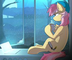 Size: 3532x2924 | Tagged: safe, artist:beardie, imported from derpibooru, oc, oc only, oc:cotton seams, pony, computer, female, laptop computer, mare, snow, solo, train, window