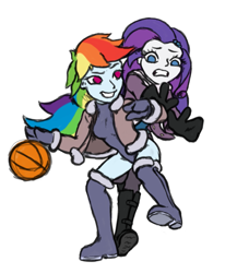 Size: 1035x1190 | Tagged: safe, artist:trefoiler, derpibooru exclusive, imported from derpibooru, rainbow dash, rarity, equestria girls, alternate hairstyle, ball, basketball, bodysuit, boots, clothes, coat, duo, female, gloves, leotard, looking back, ponytail, running, scarf, shoes, simple background, smiling, smirk, sports, thigh boots, transparent background, worried