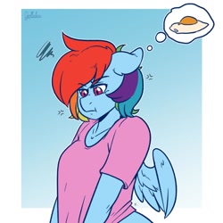 Size: 1700x1700 | Tagged: safe, artist:arnachy, imported from derpibooru, part of a set, rainbow dash, anthro, pegasus, :t, annoyed, clothes, egg (food), female, food, shirt, solo, thought bubble