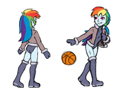 Size: 1430x1112 | Tagged: safe, artist:trefoiler, derpibooru exclusive, imported from derpibooru, rainbow dash, equestria girls, alternate hairstyle, ass, basketball, bodysuit, boots, butt, clothes, coat, female, gloves, leotard, pointing, ponytail, rear view, shoes, simple background, sketch, sketch dump, smiling, solo, sports, standing, thigh boots, transparent background, walking