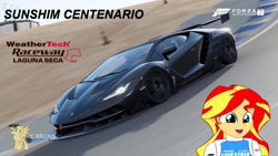 Size: 1600x900 | Tagged: safe, artist:forzaveteranenigma, imported from derpibooru, sunset shimmer, fanfic:equestria motorsports, equestria girls, california, car, carbon fiber, driving, forza motorsport 7, lamborghini, lamborghini centenario, mazda raceway laguna seca, photo, race track, racing, racing suit, supercar, united states, watermark, weathertech raceway laguna seca