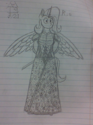 Size: 716x969 | Tagged: safe, artist:chancemccoy, imported from derpibooru, oc, oc only, oc:fleurbelle, alicorn, anthro, alicorn oc, anthro oc, armor, grayscale, japanese, katana, lined paper, monochrome, solo, spread wings, sword, traditional art, weapon