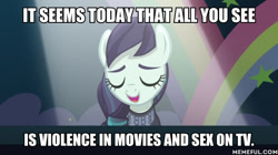 Size: 600x337 | Tagged: safe, edit, edited screencap, imported from derpibooru, screencap, coloratura, earth pony, pony, the mane attraction, clothes, dress, eyes closed, family guy, female, impact font, mare, meme, memeful.com, rara, solo, text, the magic inside, watermark