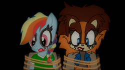 Size: 1920x1080 | Tagged: safe, artist:xivety, imported from derpibooru, rainbow dash, bondage, crossover, request, sonic the hedgehog (series), sticks the badger, tied up