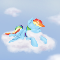 Size: 1350x1350 | Tagged: safe, artist:imaplatypus, imported from derpibooru, rainbow dash, pegasus, pony, cloud, comfy, cute, dashabetes, eyes closed, female, lying on a cloud, mare, on a cloud, prone, sky, sleeping, solo