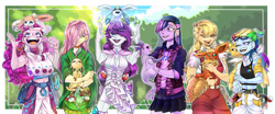 Size: 4251x1764 | Tagged: safe, artist:schokocream, imported from derpibooru, applejack, fluttershy, pinkie pie, rainbow dash, rarity, twilight sparkle, espeon, flareon, glaceon, human, jolteon, leafeon, sylveon, clothes, crossover, cute, eeveelutions, female, humanized, mane six, pokémon, smiling