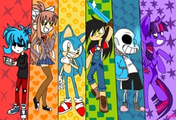 Size: 1056x720 | Tagged: safe, artist:twilightsuncraft, imported from derpibooru, twilight sparkle, alicorn, clothes, crossover, doki doki literature club, jesse, minecraft, minecraft: story mode, minecraft:story mode, monika, sal, sal fisher, sally face, sans (undertale), socks, sonic the hedgehog, sonic the hedgehog (series), thigh highs, twilight sparkle (alicorn), undertale