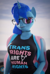 Size: 1300x1920 | Tagged: safe, artist:rinny, deleted from derpibooru, imported from derpibooru, oc, oc only, oc:lovebrew, anthro, unicorn, 3d, anthro oc, blender, blue mane, choker, clothes, debate in the comments, female, glasses, hair over one eye, looking at you, pink eyes, pride, smiling, solo, tanktop, trans female, trans girl, transgender, transgender pride flag, unicorn oc