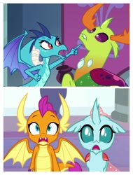 Size: 3106x4096 | Tagged: safe, edited screencap, imported from derpibooru, screencap, ocellus, princess ember, smolder, thorax, changedling, changeling, dragon, a matter of principals, school daze, argument, comic, king thorax, screencap comic, trauma