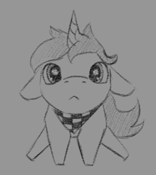 Size: 400x450 | Tagged: safe, artist:stray prey, imported from derpibooru, oc, oc only, oc:lucent, pony, unicorn, bandana, colt, gray background, grayscale, looking at you, male, monochrome, puppy dog eyes, simple background, sitting, solo