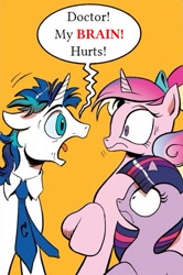 Size: 365x549 | Tagged: safe, artist:andypriceart, edit, idw, imported from derpibooru, princess cadance, shining armor, twilight sparkle, alicorn, pony, unicorn, neigh anything, spoiler:comic, spoiler:comic11, dishevelled, exploitable meme, female, filly, filly twilight sparkle, foal, grammar error, gumby, male, meme, monty python, monty python brain surgeon, necktie, obligatory pony, screaming armor, speech bubble, teen princess cadance, teenager, unicorn twilight, younger, youtube link in the description