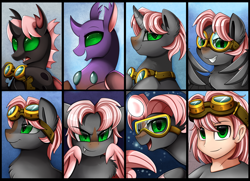 Size: 5284x3816 | Tagged: safe, artist:pridark, imported from derpibooru, oc, oc only, bat pony, changedling, changeling, earth pony, pegasus, pony, seapony (g4), unicorn, equestria girls, bat pony oc, bust, changeling oc, commission, equestria girls-ified, green eyes, one eye closed, open mouth, portrait, race swap, self paradox, smiling, wink