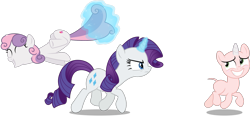 Size: 1735x804 | Tagged: safe, artist:chrzanek97, artist:deadparrot22, artist:reginault, edit, edited edit, editor:slayerbvc, imported from derpibooru, vector edit, rarity, sweetie belle, pony, unicorn, blushing, chase, clothes, costume, cropped, female, filly, furless, furless edit, looking back, magic, mare, nude edit, nudity, pony costume, ponysuit, rarity is not amused, shaved, shaved tail, simple background, sisters, streaking, sweetie bald, sweetie belle suit, transparent background, unamused, vector