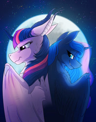 Size: 794x1007 | Tagged: safe, artist:klarapl, imported from derpibooru, princess luna, twilight sparkle, alicorn, dragon, pony, back to back, commission, dragonified, fanfic, fanfic art, fanfic cover, female, horn, implied lesbian, implied shipping, implied twiluna, mare, moon, night, species swap, stars, twilidragon, twilight sparkle (alicorn), wings