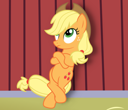 Size: 2153x1845 | Tagged: safe, artist:slb94, imported from derpibooru, applejack, earth pony, pony, bipedal, bipedal leaning, crossed arms, crossed legs, female, frown, leaning, looking up, mare, solo