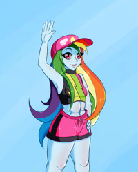 Size: 2000x2500 | Tagged: safe, artist:albertbm, imported from derpibooru, rainbow dash, equestria girls, equestria girls series, forgotten friendship, armpits, belly button, blue background, cap, clothes, female, hat, midriff, simple background, smiling, solo, swimsuit