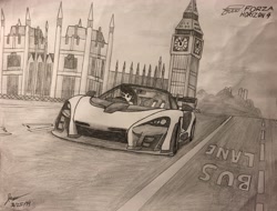 Size: 3986x3022 | Tagged: safe, artist:forzaveteranenigma, imported from derpibooru, octavia melody, fanfic:equestria motorsports, equestria girls, big ben, britavia, british, car, driving, elizabeth tower, fanfic art, forza horizon 4, great britain, houses of parliament, hypercar, london, mclaren, mclaren senna, palace of westminster, supercar, traditional art, united kingdom, westminster