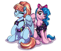 Size: 1920x1600 | Tagged: safe, artist:lupiarts, imported from derpibooru, firefly, windy whistles, pegasus, pony, 80's fashion, 80's-ish, bow, clothes, cute, digital art, duo, ear piercing, earring, female, flyabetes, g1, g1 to g4, g1betes, g4, generation leap, hair bow, jewelry, mare, one eye closed, piercing, rainbow mom, simple background, sisters, sitting, transparent background, windybetes, wink