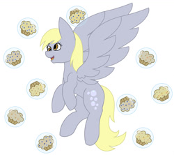 Size: 1024x908 | Tagged: safe, artist:calibykitty, artist:midnightamber, imported from derpibooru, derpy hooves, pegasus, pony, bubble, cute, derp, derpabetes, female, floating muffins, flying, food, happy, mare, muffin, muffins in bubbles, simple background, solo, spread wings, white background