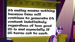 Size: 1270x714 | Tagged: safe, edit, edited screencap, imported from derpibooru, screencap, twilight sparkle, alicorn, pony, the cutie re-mark, discovery family logo, exploitable, exploitable meme, female, g5 drama, mare, meme, op has a point, op is right, presentation, projection, solo, text, the end is neigh, twilight sparkle (alicorn), twilight sparkle's presentation, twilight sparkle's slide, wall of text