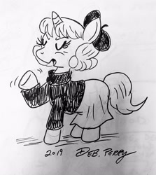 Size: 2502x2800 | Tagged: safe, artist:debmervin, imported from derpibooru, oc, oc only, pony, unicorn, beatnik, beret, clothes, female, hat, mare, monochrome, skirt, solo, traditional art