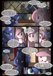 Size: 1240x1754 | Tagged: safe, artist:lunarcakez, imported from derpibooru, princess celestia, princess luna, pony, comic:the origins of hollow shades, candle, comic, pink-mane celestia, s1 luna, scroll