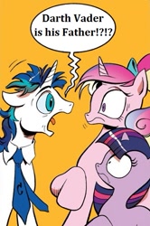 Size: 365x549 | Tagged: safe, artist:andypriceart, edit, idw, imported from derpibooru, princess cadance, shining armor, twilight sparkle, alicorn, pony, unicorn, neigh anything, spoiler:comic, spoiler:comic11, darth vader, dishevelled, exploitable meme, female, filly, filly twilight sparkle, foal, male, meme, necktie, obligatory pony, screaming, screaming armor, speech bubble, spoilers for another series, star wars, teen princess cadance, teenager, unicorn twilight, younger