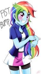 Size: 700x1250 | Tagged: safe, artist:tastyrainbow, imported from derpibooru, rainbow dash, equestria girls, ashleigh ball, blushing, clothes, compression shorts, crossover, cute, dashabetes, female, happy, miniskirt, moe, non-shipping, shorts, skirt, solo, song reference, sonic forces, sonic the hedgehog, sonic the hedgehog (series)