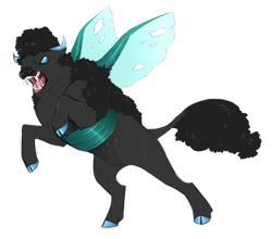 Size: 800x705 | Tagged: safe, artist:vindhov, imported from derpibooru, oc, oc only, buffalo, changeling, hybrid, blue eyes, changeling hybrid, cloven hooves, colored hooves, colored sclera, crack ship offspring, fangs, interspecies offspring, offspring, open mouth, parent:chief thunderhooves, parent:queen chrysalis, rearing, simple background, solo, transparent background, wings