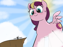 Size: 1600x1200 | Tagged: safe, artist:comfyplum, imported from derpibooru, oc, oc:comfy plum, pony, blushing, cheek fluff, cliff, cloud, crepuscular rays, cute, giant pony, looking down, low angle, macro, micro, size difference, smiling, sun, wings